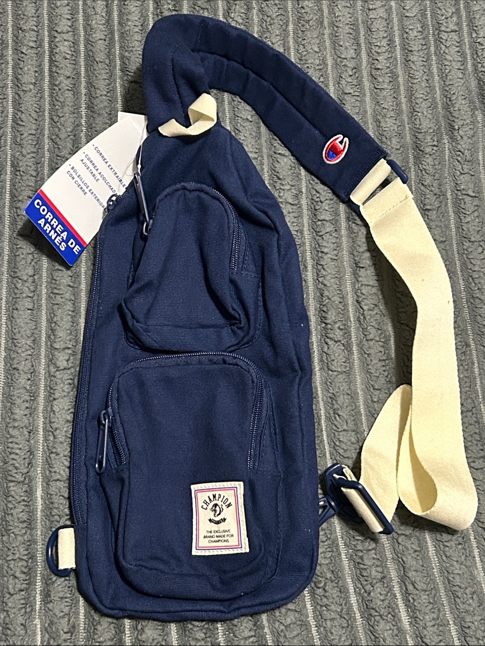 New* Champion Navy Sling Bag with Cream Strap